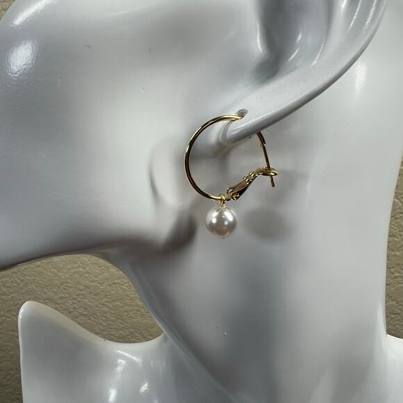 Earrings Golden Huggie Hoop with Charms Fashion Pearl Drop Dangle Earrings Royal - Picture 11 of 11